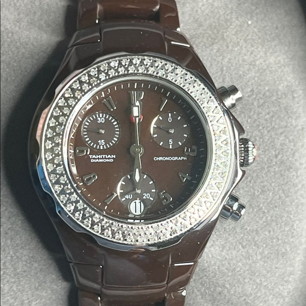 Michele Tahitian Chocolate Ceramic Chronograph Ladies Watch Swiss Movement